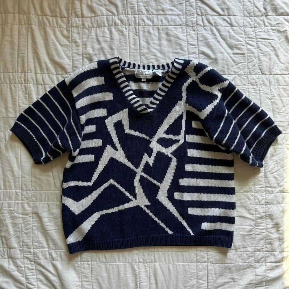vintage Striped geometric knit sweater womens Petite S nautical fisherman retro